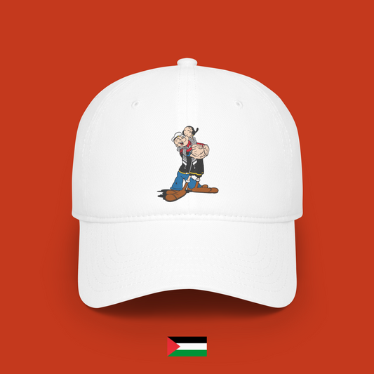 Popeye and Olivia hugging with keffiyeh - hat