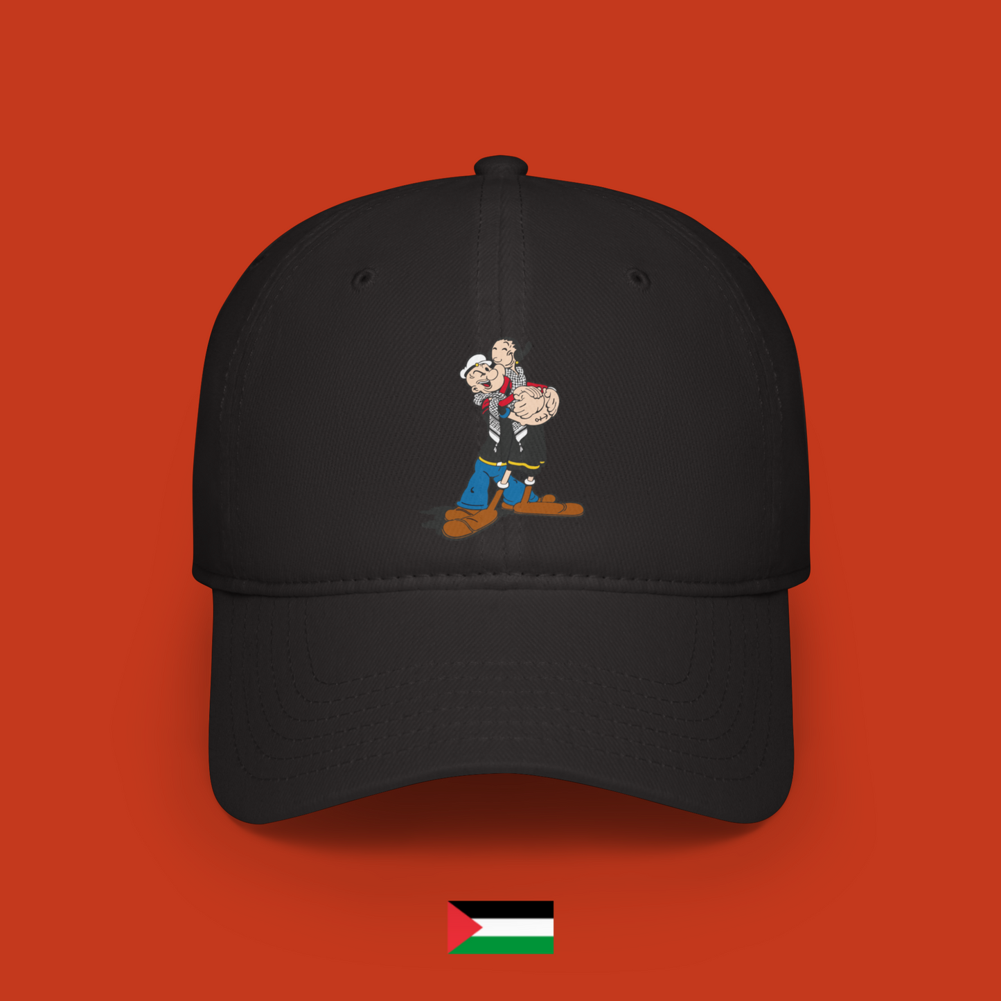 Popeye and Olivia hugging with keffiyeh - hat