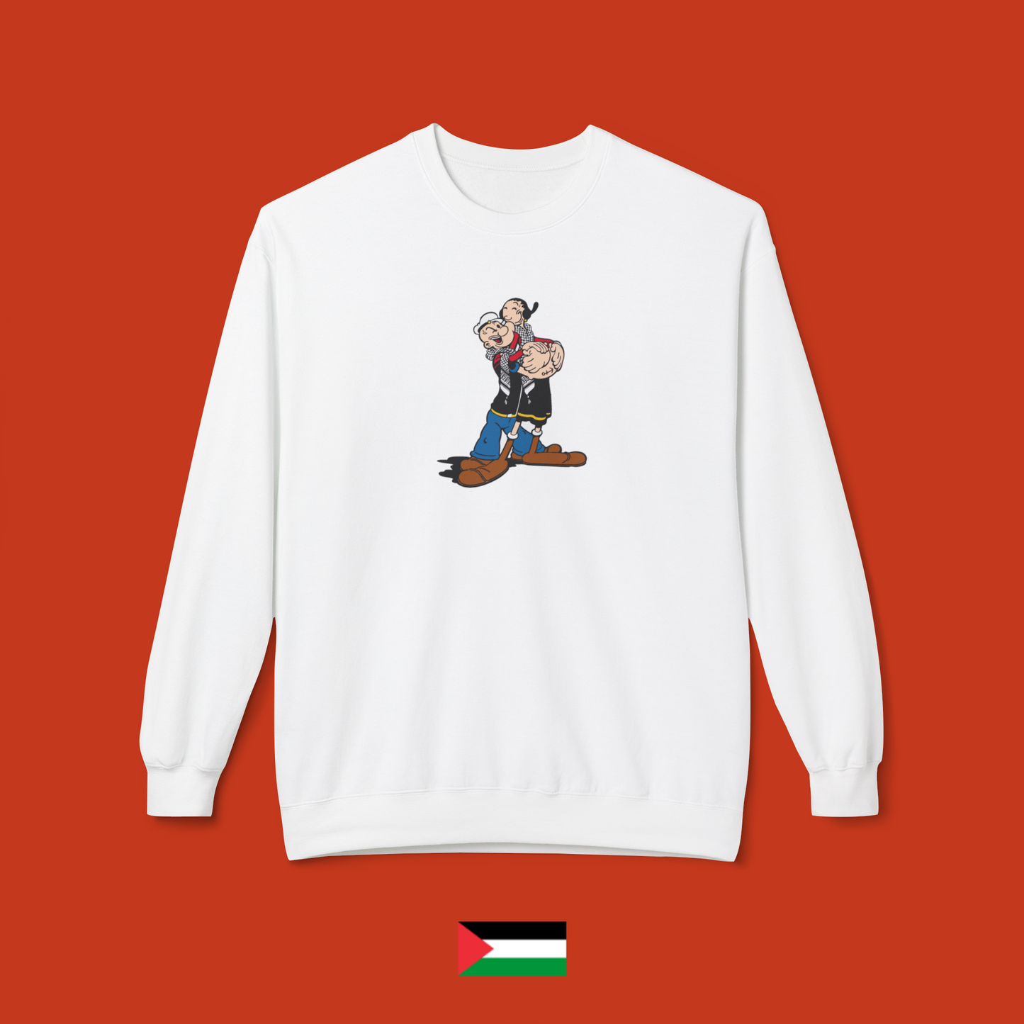 Popeye and Olivia hugging each other with keffiyeh - crewneck sweatshirt