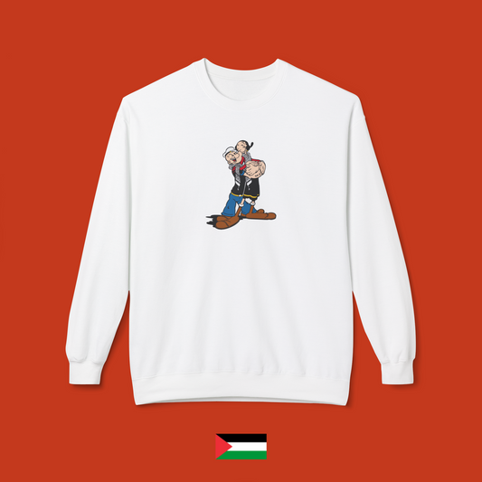 Popeye and Olivia hugging each other with keffiyeh - crewneck sweatshirt