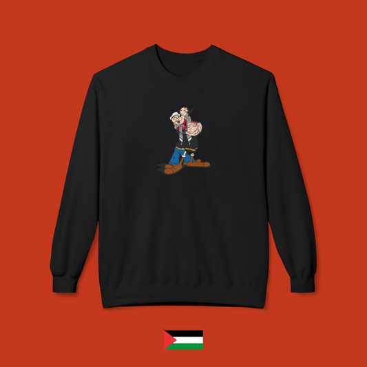 Popeye and Olivia hugging each other with keffiyeh - crewneck sweatshirt